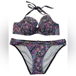 Victoria's Secret Pink and Blue Halter Bikini Set Size 34D